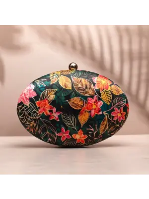 Woman Pink Batik Floral Print Oval Clutch