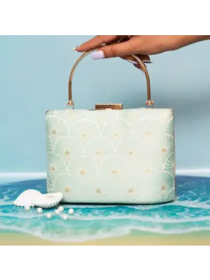 Woman Blue Pattern Embroidered Clutch