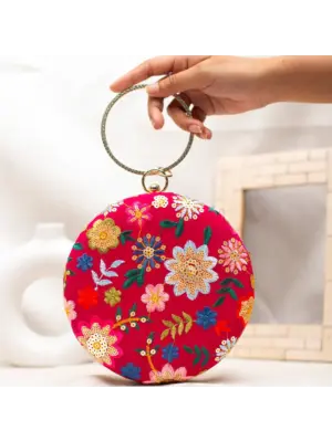 Woman Red Floral Embroidery Round Clutch