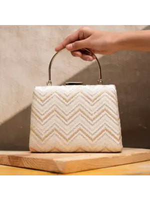 Women White And Golden Zigzag Embroidery Clutch