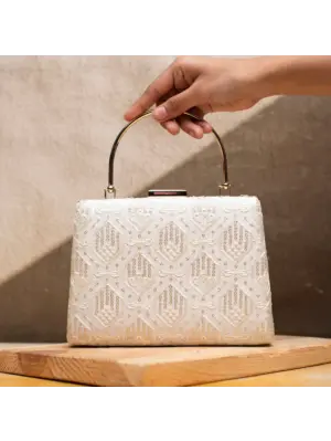 Women White Sequins And Thread Embroidery Clutch