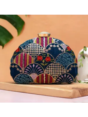 Woman Blue Sequins Embroidery Half Moon Clutch