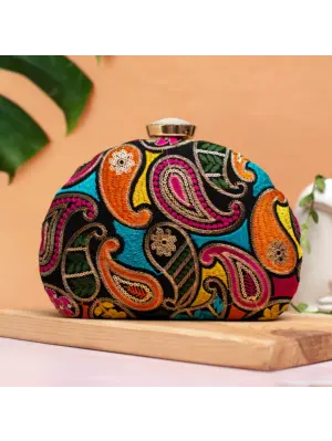 Woman Multicolor Thread Embroidery Half Moon Clutch