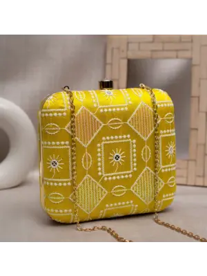 Woman Yellow And White Thread Embroidery Clutch