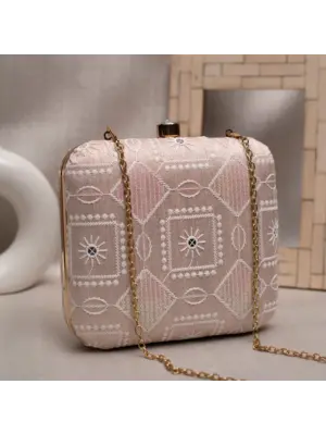 Women Pink And White Thread Embroidery Clutch