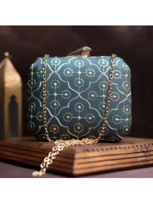 Woman Marine Blue Embroidery Party Clutch