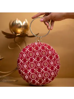 Women Red Embroidery Round Clutch