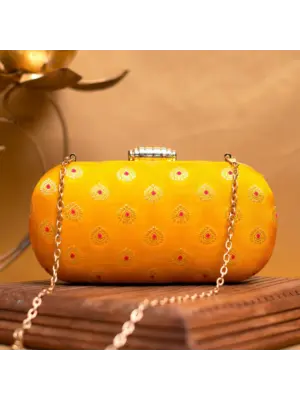 Women Yellow Brocade Fabric Party Clutch