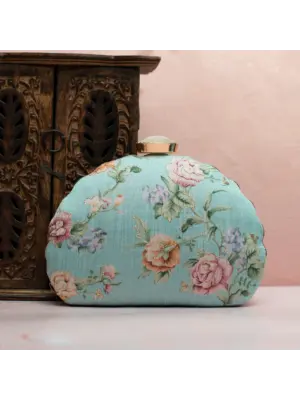Women Turquoise Floral Printed Zari Embroidery Clutch