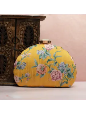 Woman Yellow Floral Printed Zari Embroidery Clutch