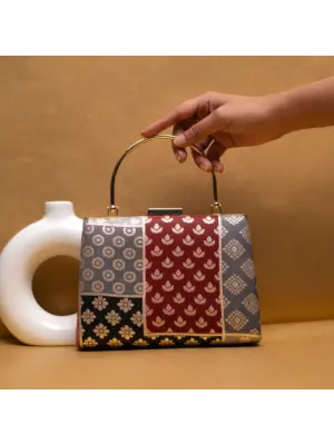 Woman Maroon Multipattern Brocade Fabric Clutch