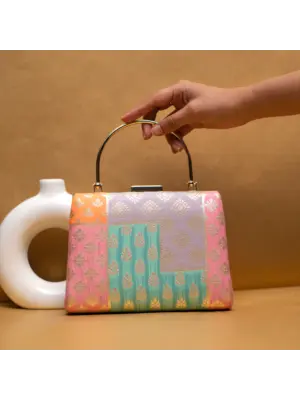 Woman Pink Multipattern Brocade Fabric Clutch