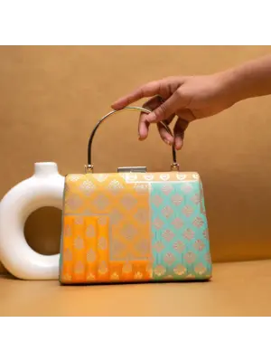 Women Yellow Multipattern Brocade Fabric Clutch