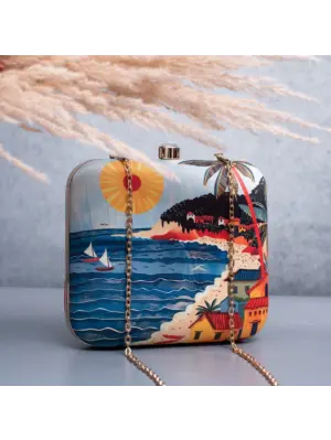 Woman Blue Based Beach Scene Printed Clutch