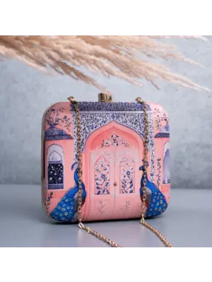 Women Light Pink Based Mughal Motif Printed Clutch
