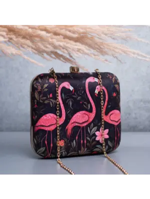 Woman Black Based Pink Flamingo Printed Clutch