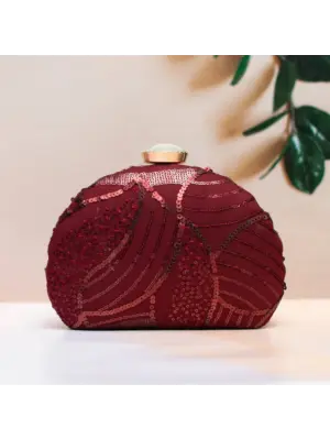 Women Maroon Sequins Embroidery Half Moon Clutch