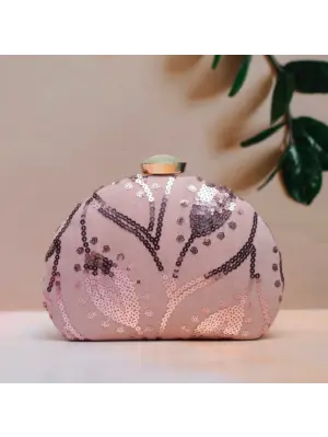 Women Pink Leaf Pattern Sequins Embroidery Clutch