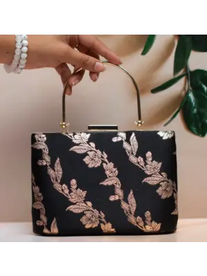 Women Black And Golden Floral Brocade Party Clutch
