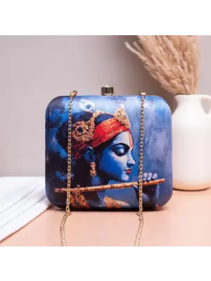 Women Blue Based Majestic Krishna Printed Clutch