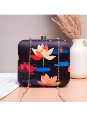 Woman Black Based Multicolored Lotus Printed Clutch