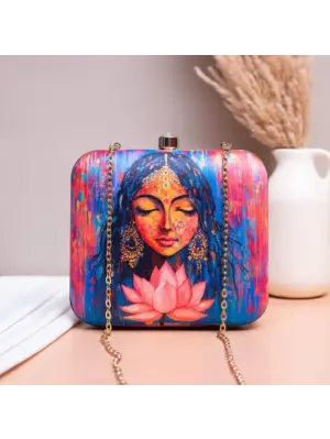 Women Multicolored Indian Woman Portrait Printed Clutch
