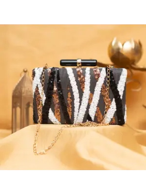 Women Black Box Shaped Clutch With Golden, White And Sliver Work