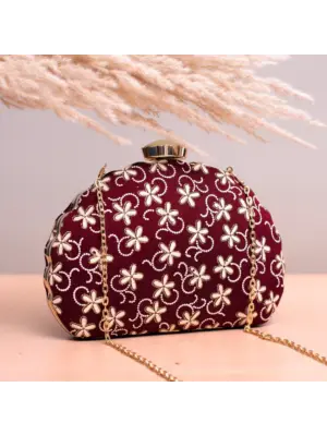 Women Maroon Based White Floral Embroidery Clutch