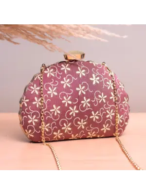 Woman Rosy Brown Based Floral Embroidery Clutch