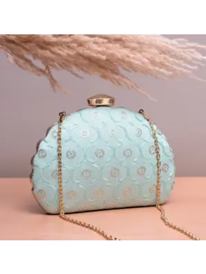 Woman Light Blue Based Sequins Embroidery Clutch