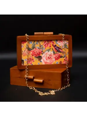 Woman Bird and Flowers Wooden Printed Clutch