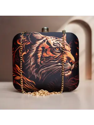 Woman Black Based Tiger Printed Clutch