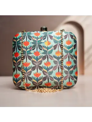 Woman Blue And Orange Floral Printed Clutch
