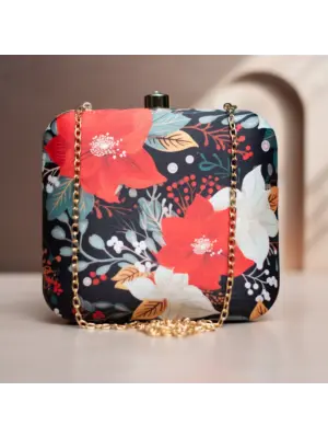 Woman Red and White Floral Printed Clutch