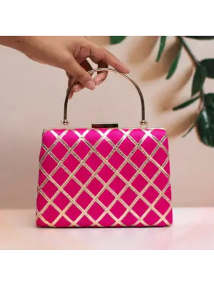 Woman Magenta Pink Gota Patti Fabric Clutch