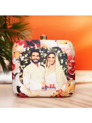Woman White Based Floral Printed Customized Clutch