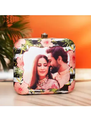 Woman Black and White Based Floral Printed Customized Clutch