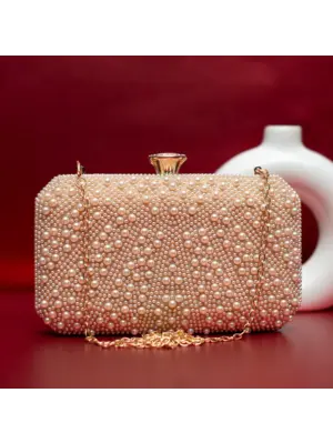 Women Peach Stripe Pearl Beaded Evening Clutch