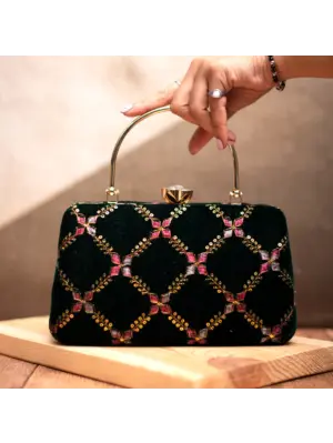 Women Dark Green Embroidery Party Clutch