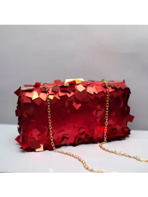 Woman Red Embellished Sequins Party Clutch