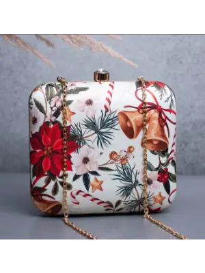 Women White Based Christmas Bells Printed Clutch