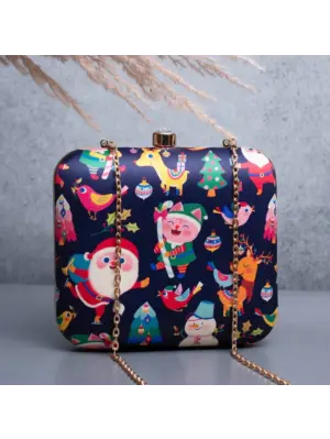 Woman Blue Based Cute Santa Claus Printed Clutch