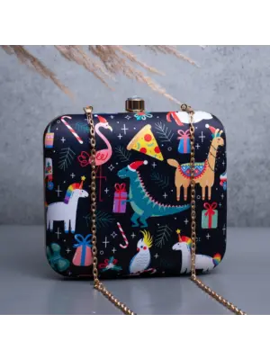 Woman Black Based Christmas Theme Printed Clutch