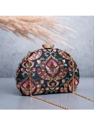 Woman Black Based Multicolored Threadwork Pattern Embroidery Clutch