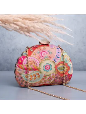 Woman Pink Floral Printed Golden Zari Embroidery Clutch