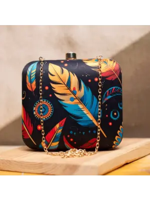 Women Black Based Feather Printed Clutch