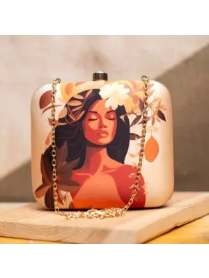 Beige Floral Women Portrait Printed Clutch
