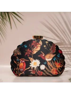 Women Black Bird Island Printed D-shape Clutch