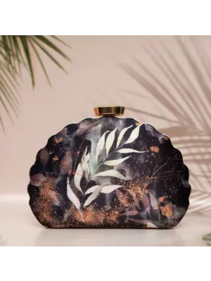 Woman Black Floral Printed D-shape Clutch