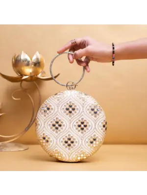 Women White Based Golden Threadwork Embroidery Clutch